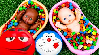 4 Minutes Satisfying with Full of 2 Rainbow BathTubs Candy with M&amp;M's &amp; Toys Playset Collection ASMR