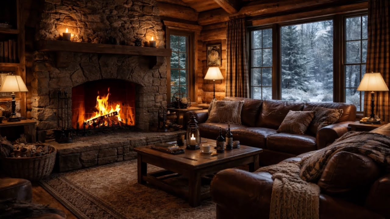 1 HOUR Cozy Cabin Fireplace Ambience ❄️🔥 Snowy Winter Living Room