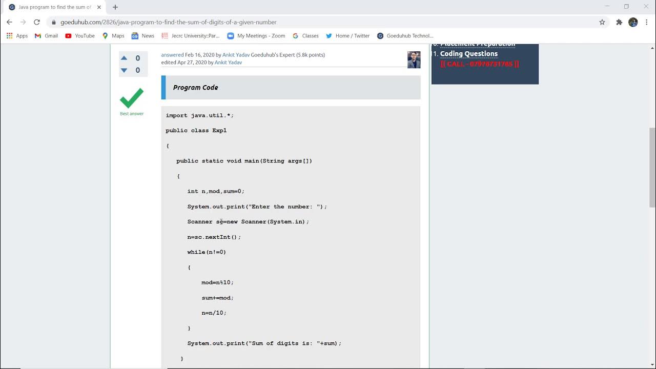 Java program to find the sum of digits of a given number | Looping ...