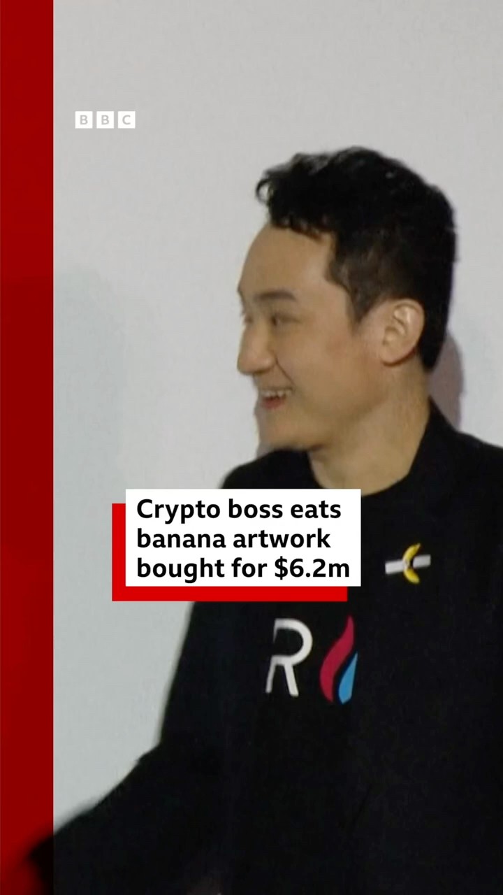 Crypto boss Justin Sun eats banana artwork bought for $6.2m. #Banana #Art #BBCNews