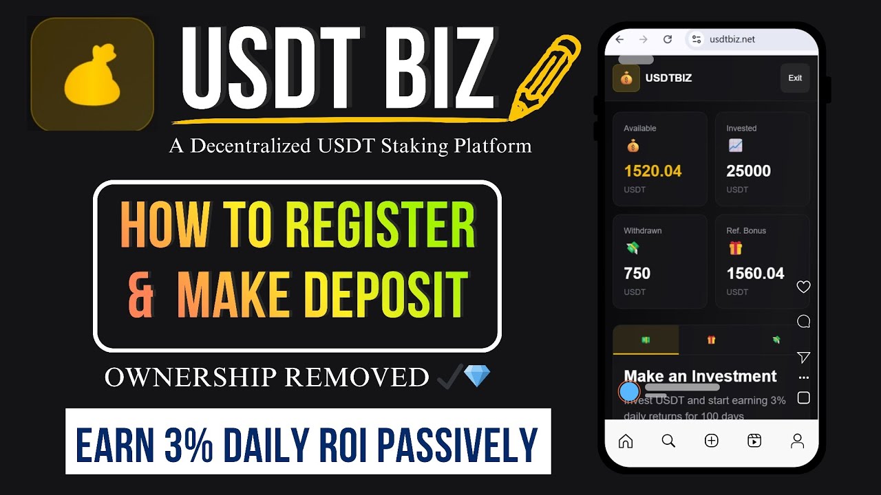 USDTBIZ; How To Register & Make Deposit | Earn 3% Daily Profit | Decentralized USDT Staking Platform