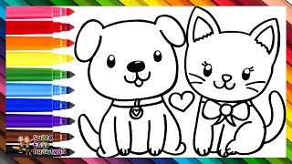 Draw and Color a Cute Dog and a Cat Drawings for Kids