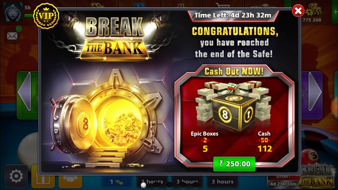 Purchase Break Bank Offer 8 Ball Pool 112 Cash 5 Epic Boxes And More Vip Club Points Youtube