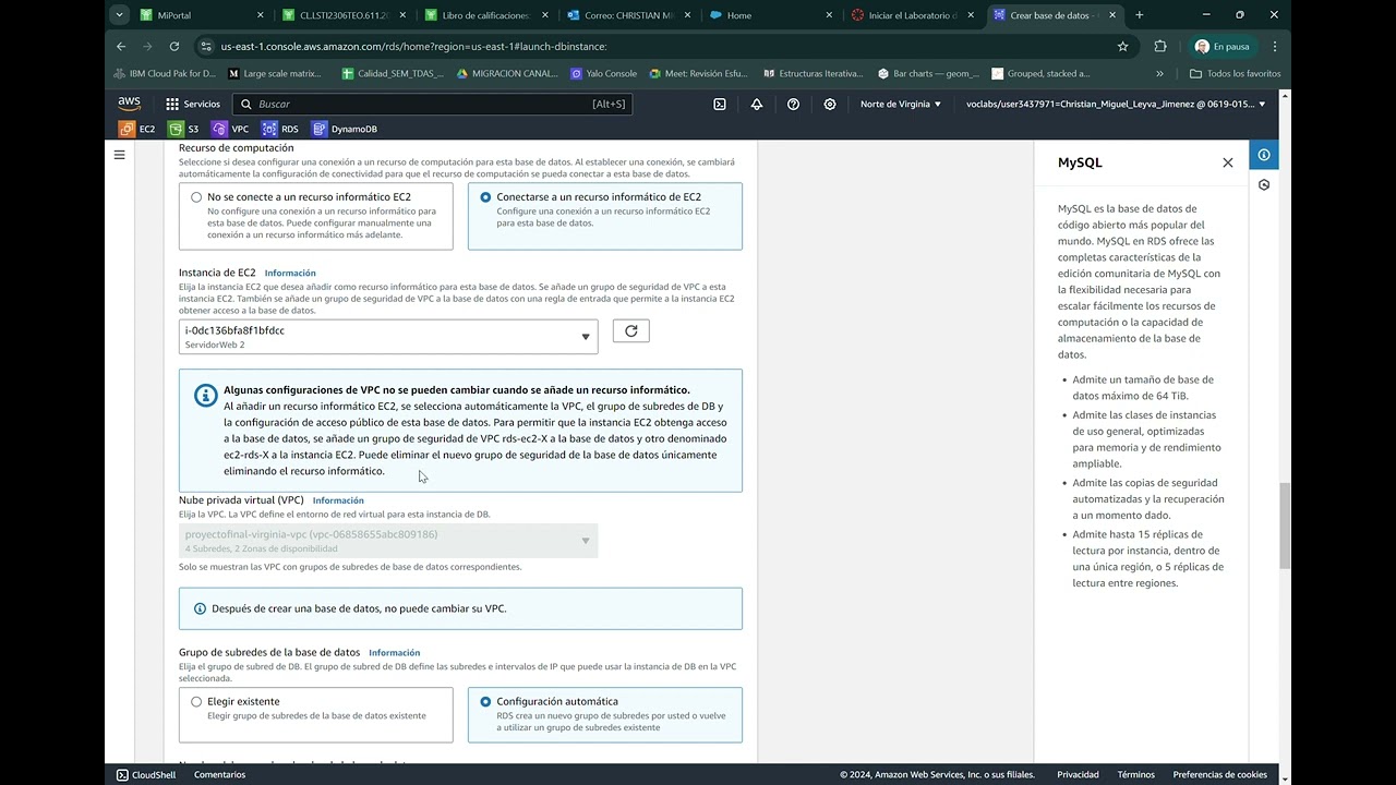 Creación de instancia de base de datos mysql con AWS RDS