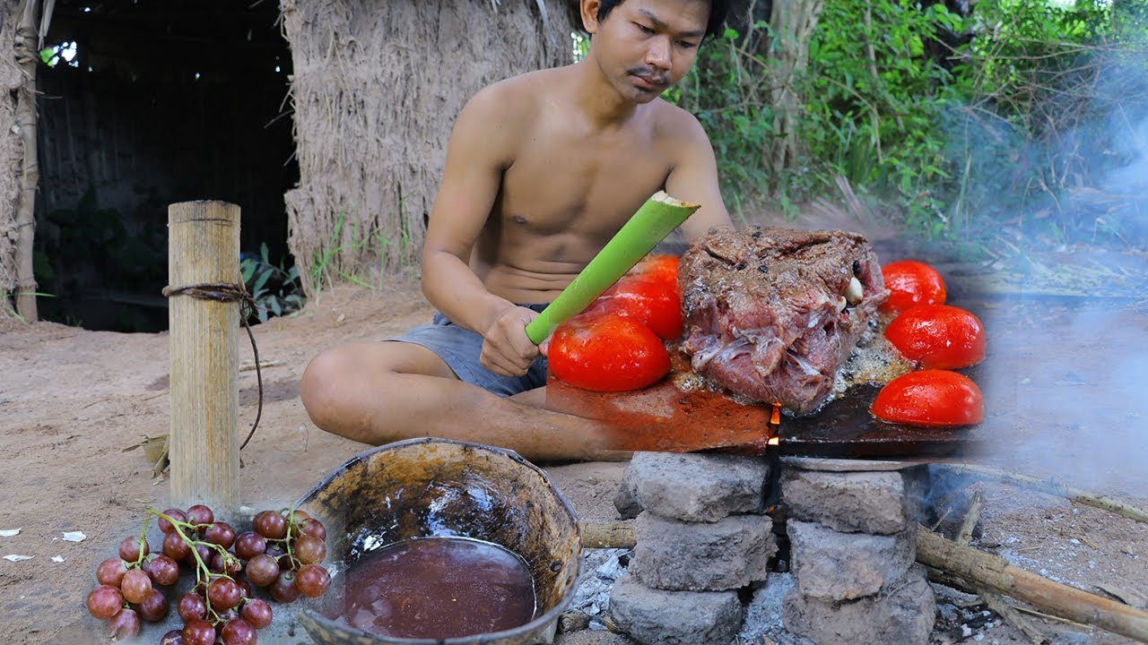 Primitive Technology: Making BBQ (Grill Beef) With Grape Wine On Rock Get Drunk , Factory Food. - YouTube