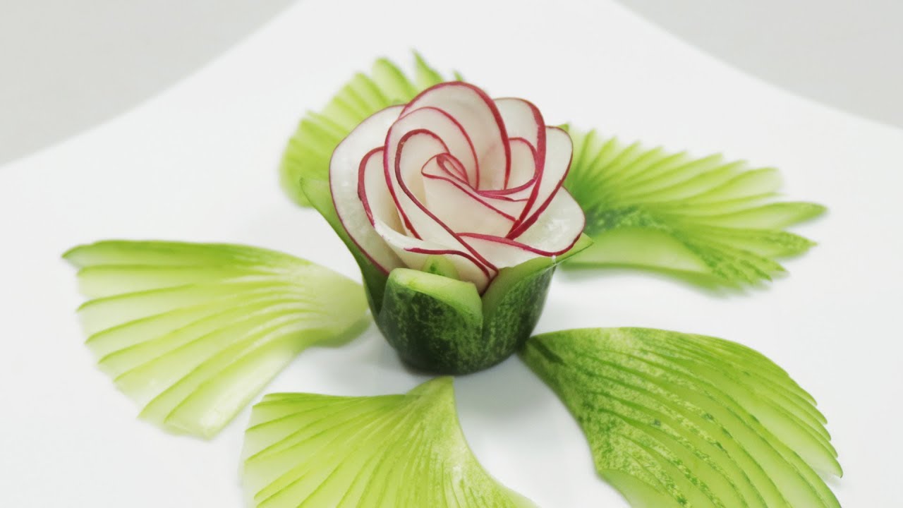 The Beauty Of Rose Carving Garnish With Red Radish & Cucumber YouTube
