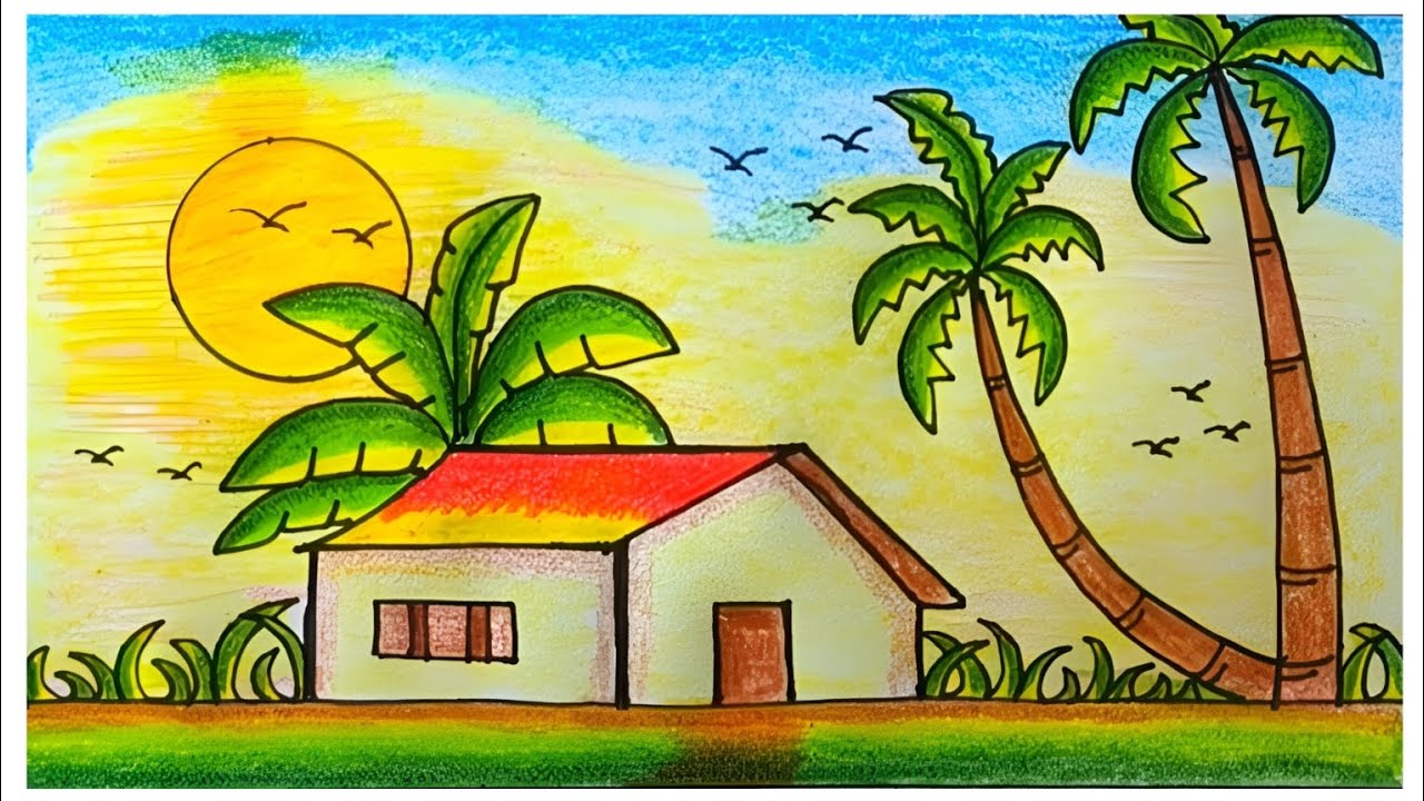 গ্রামের দৃশ্য অংকন || Draw A Beautiful Village Scenery With Color Pencil. #art #scenery #landscape 