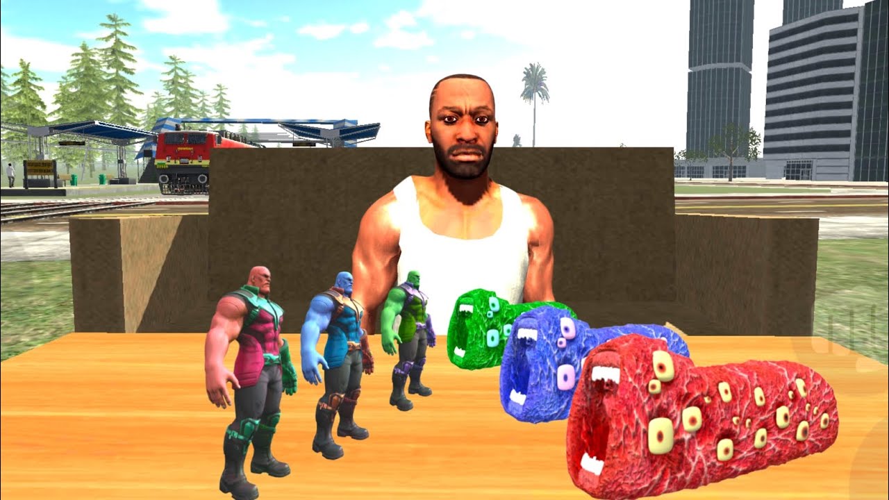 Tiny Colourfull Thanos Vs Tiny Colourfull Train Eater Monster in Indian bikes driving 3d
