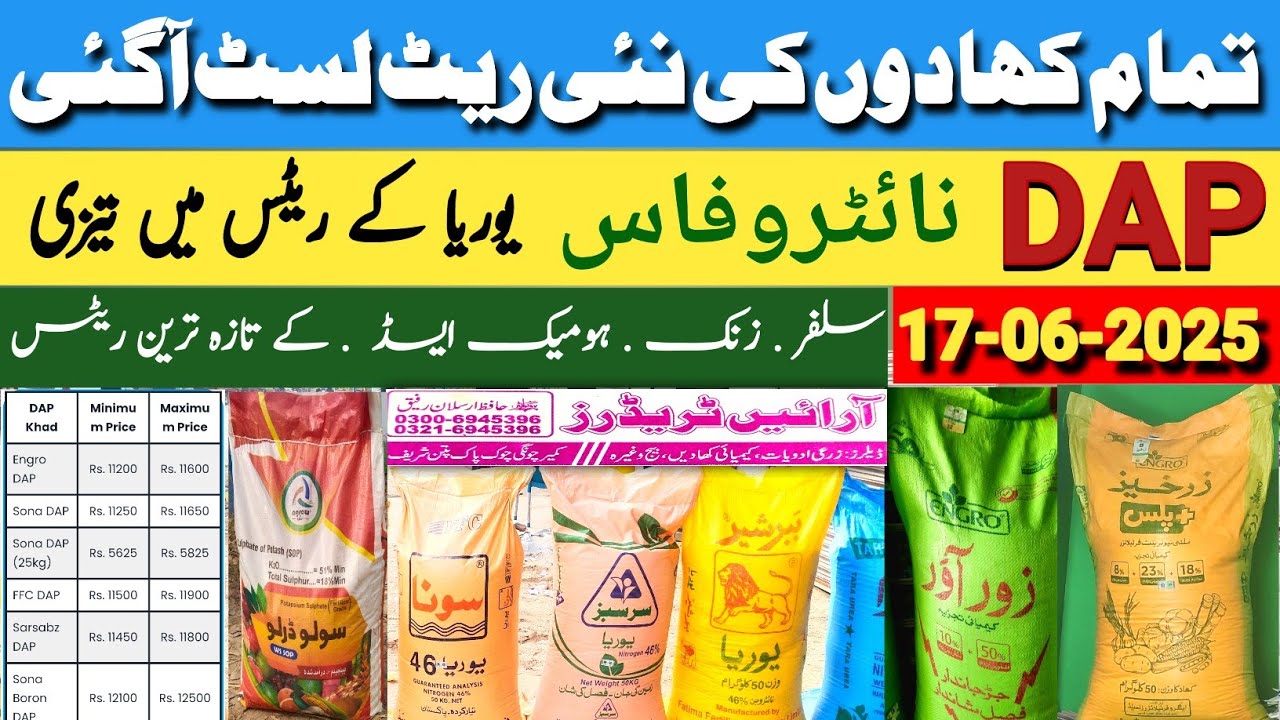 Fertilizer Price Today 17-06-2025 FFC Engro Urea DAP Nitrophas Npk mop Khad Rate Mazhar Agri Info