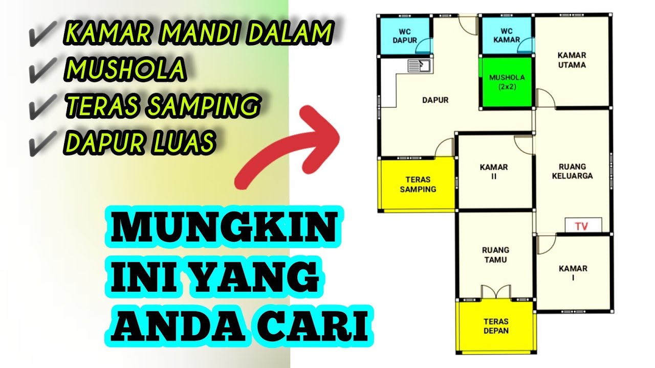 DENAH RUMAH UKURAN 9x13 METER 3 KAMAR TIDUR LETER L ( TERAS SAMPING )