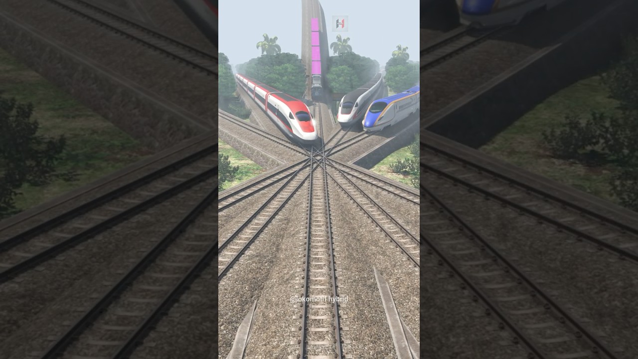 Several High Speed Trains Take Turns Crossing in the Rain 