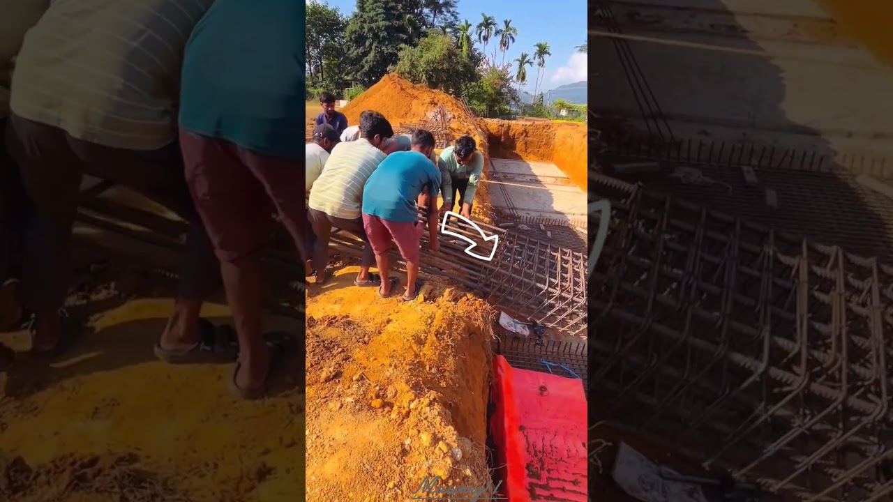 Manual Power! Workers Move Massive Rebar Cage into Foundation👷
