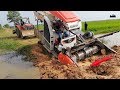 ម៉ាស៊ីនច្រូតជាប់ផុង | Harvester Vs Muddy | Rice Harvester Stuck In Mud Pulling By Tractor