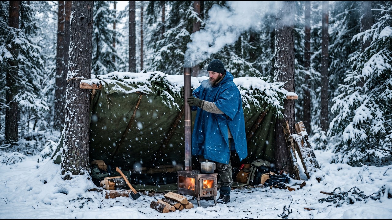 Winter Bushcraft Camping in Heavy Snow Survival Shelter + Wood Stove ...