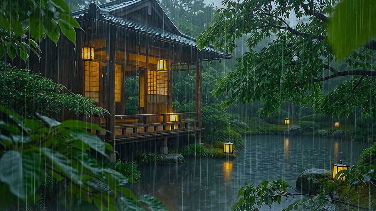 Sleep Better on Soft Rain on Forest Cabin Porch | ASMR Forest Rain on Garden Pond