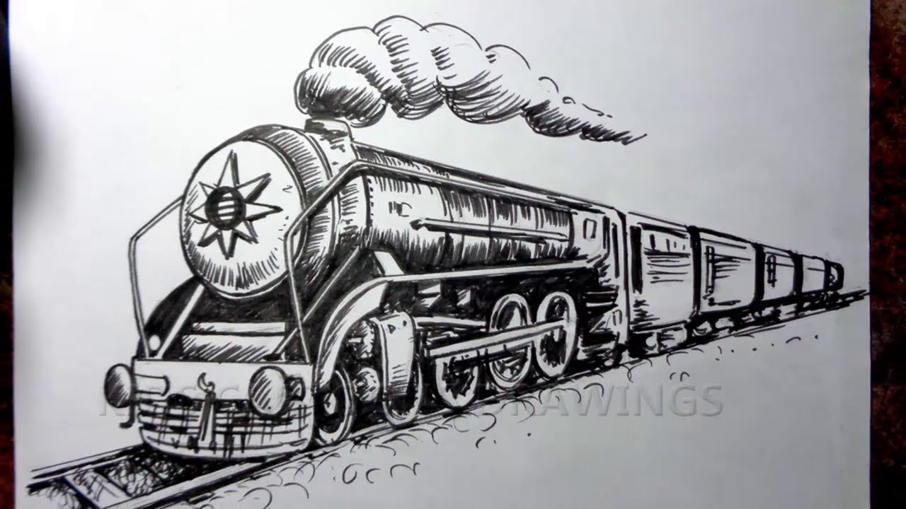 Black And White Drawing Of A Steam Train Driving Across The White  Background Outline Sketch Vector, Cross Drawing, Train Drawing, Wing Drawing  PNG and Vector with Transparent Background for Free Download