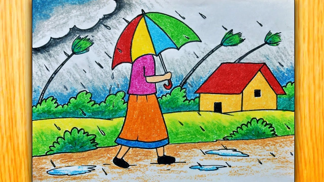 Simple Rainy Season Drawing with Oil Pastels | A Girl with Umbrella