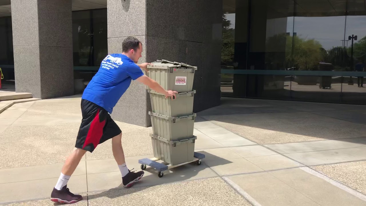 Commercial office move: reusable plastic crates, Masonite floor protection