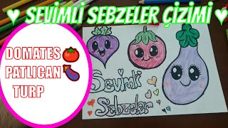 Sevimli Sebzeler Kolay Çizimi | Sevimli Patlıcan & Domates ve Turp Çizimi | Kawaii | Easy Drawing