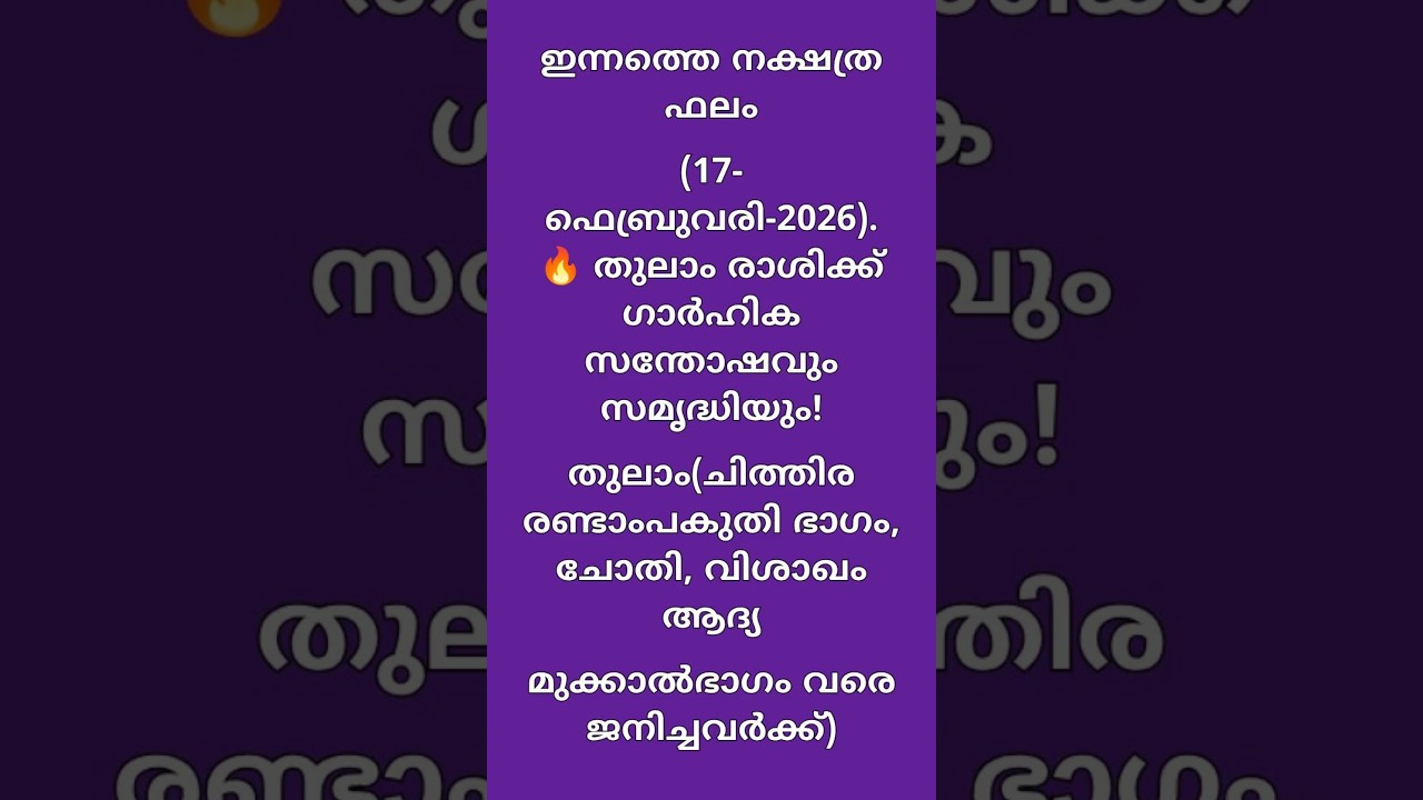 തുലാം (ചിത്തിര രണ്ടാംപകുതി, ചോതി, വിശാഖം ആദ്യമുക്കാൽഭാഗം), Today's Horoscope, 17-February-2026