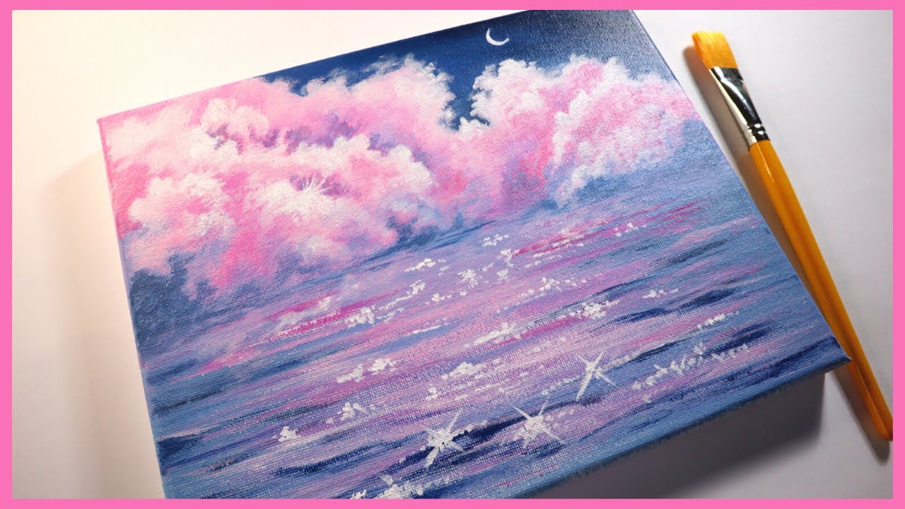 Pink Clouds / Moonlight Sparkle on Water / Easy Acrylic Painting for ...