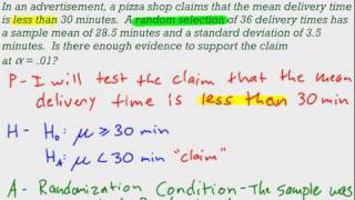 Hypothesis Test for Large Sample Means - One Tail Example