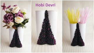 Making Flower Vase with Pringles Boxes and Bead, Pringles Kutularından Boncuk Şelalesi Vazo Yapılışı