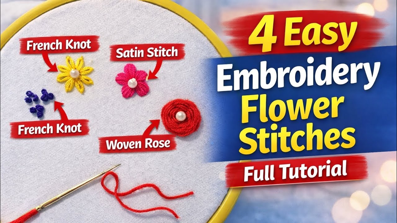 নতুনদের জন্য ৪টি সহজ এমব্রয়ডারি ফুল স্টিচ | Lazy Daisy, Satin, French Knot, Woven Rose।