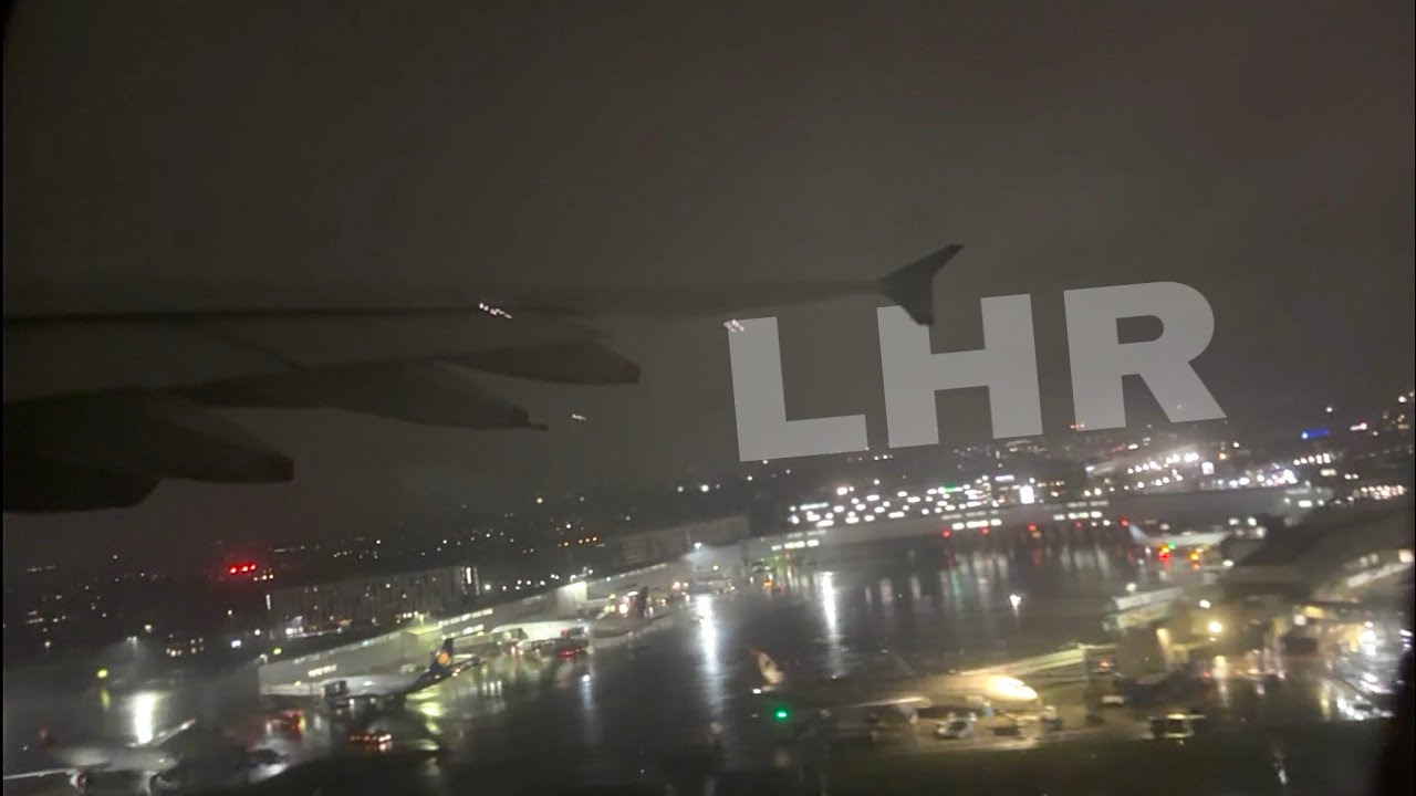 Soaking Super Takeoff - British Airways A380 rainy 21-hour-delayed Takeoff from London Heathrow