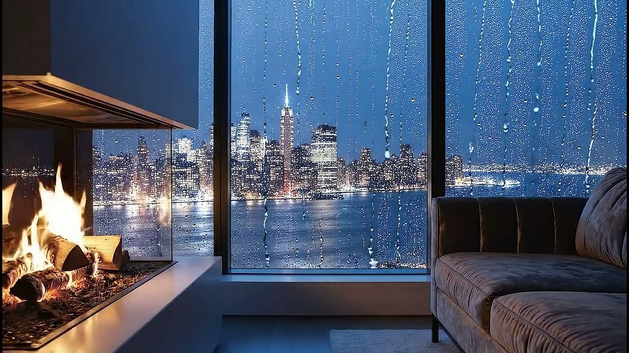 Crackling Fireplace 🔥 Rainy NYC Night Ambience | No Music, Cozy Sleep Sounds (8 Hours)