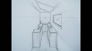 How To Draw One point perspective of U-shaped kitchen