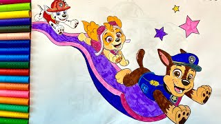 Draw and color the PAW Patrol characters Chase the Racer, Skye and Marshall run to the rescue