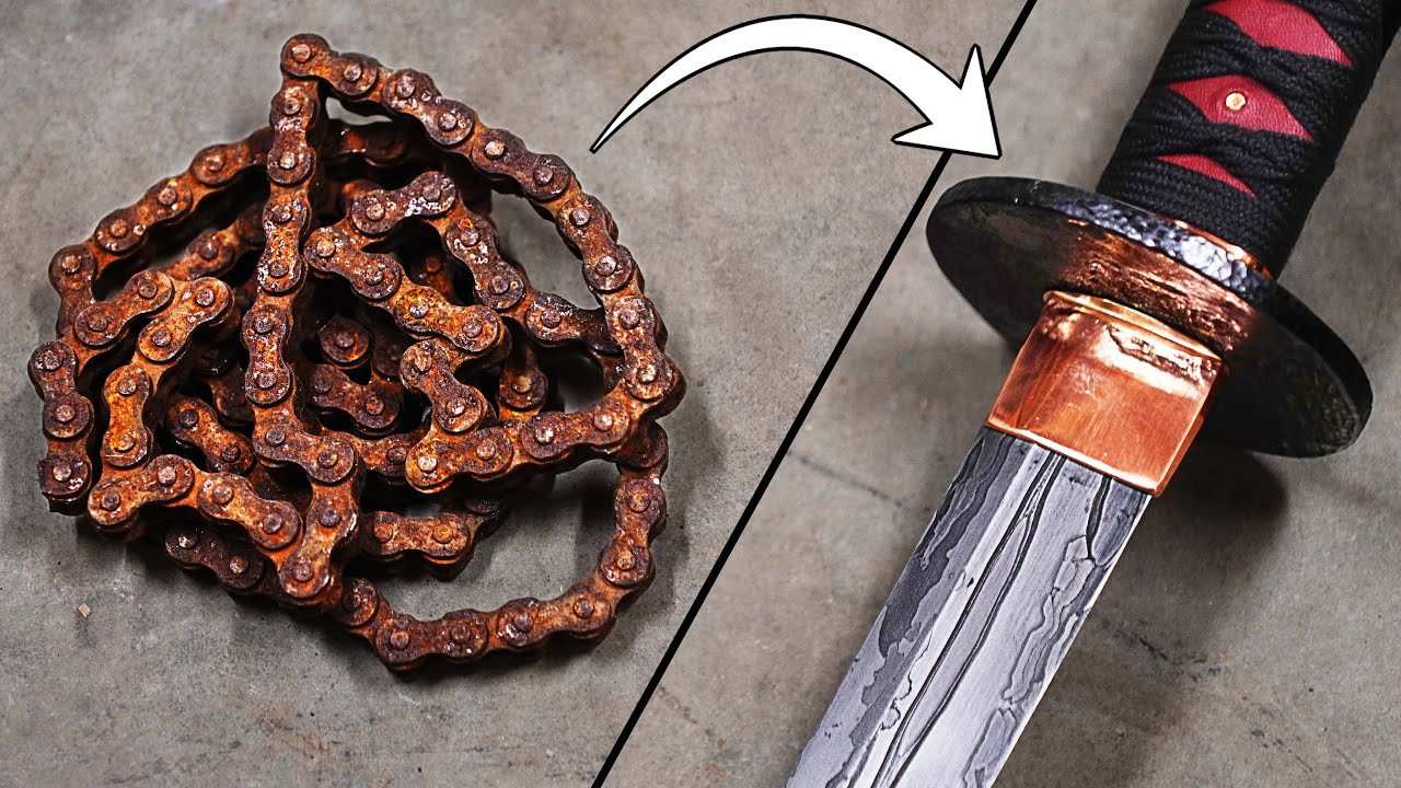 Forging DAMASCUS KATANA from MOTORCYCLE CHAIN (Workshop ASMR)