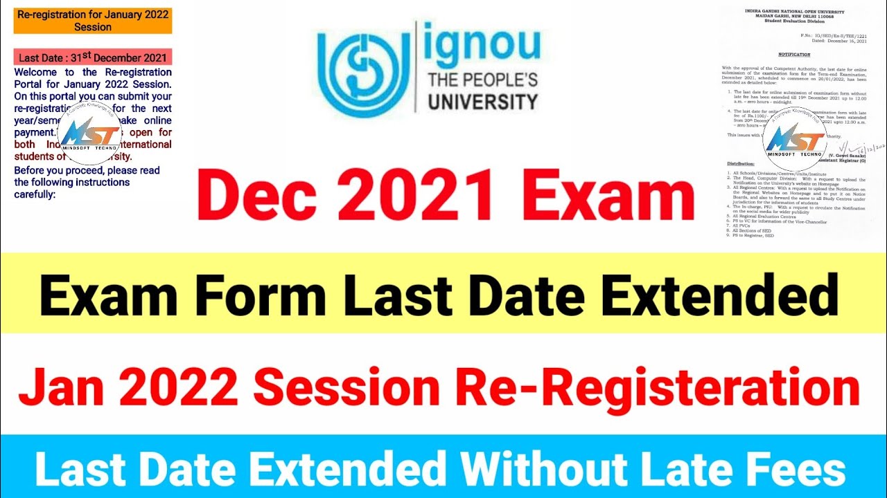 IGNOU Dec 2021 Exam Form & Re-Registration Last Date Extended 🔥 Official Notice By IGNOU SED 😱
