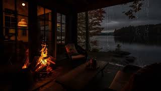Relaxing Rain by the Porch of Cabin House with a Fireplace Burnings and Rain Falls by the lake