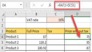 طريقة حساب القيمة الصحيحة للمبلغ بدون الضريبة في Excel