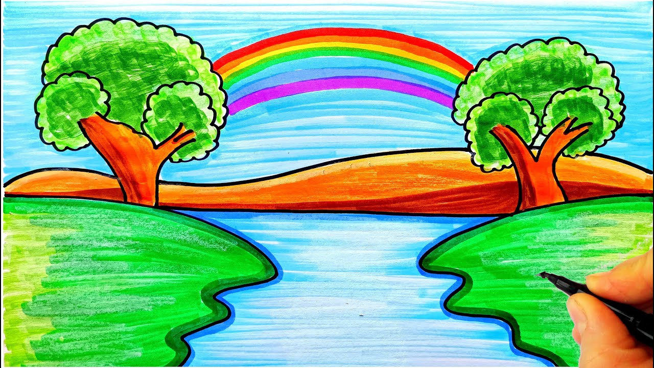 Kolay Manzara Resmi Çizimi 🌳 Doğa Resmi Çizimi - How To Draw Very Easy Landscape - Çocuklar için Çiz