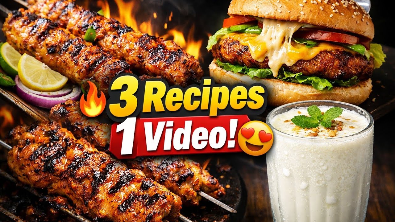 3 Easy Recipes | Juicy Chicken Kebab, Cheese Chicken Burger & Refreshing Lassi at Home 😋