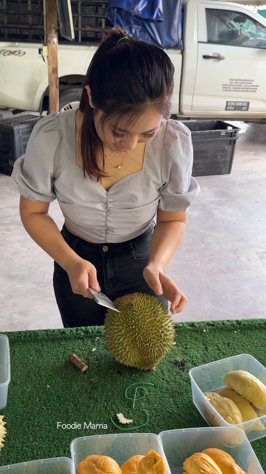 Malaysian Lady Selling Fresh Durian - Fruit Cutting Skills