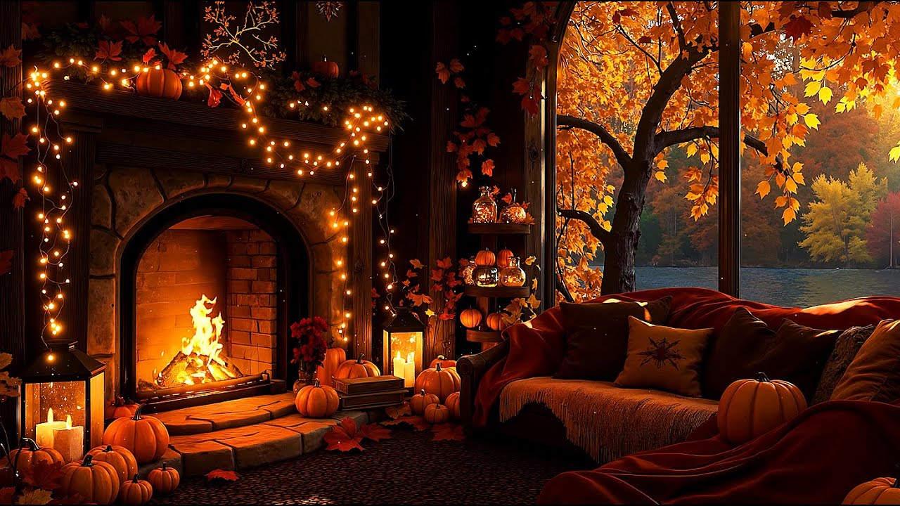 Cozy Autumn Fireplace Ambience 🍂 Crackling Fire, Pumpkins & Falling ...