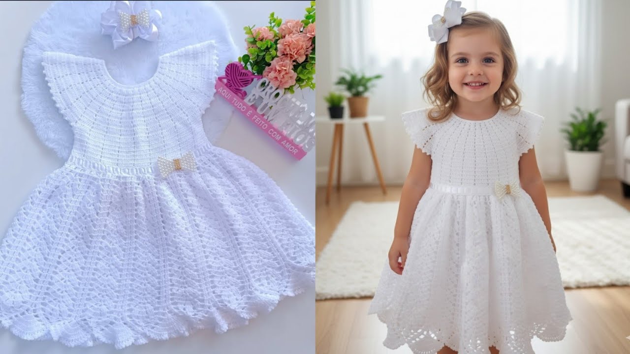 vestido de croche infantil veste 2 a 4 anos com explicações para tamanhos menores