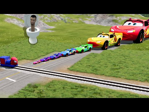 Double Flatbed Trailer Truck vs Speedbumps Train vs Cars Beamng.Drive