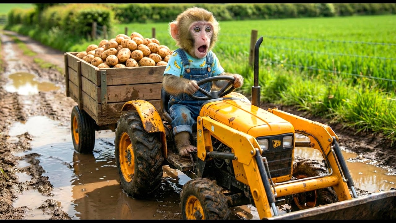 Monkey Nana JCB Tractor Adventure After Heavy Rain | Road Repair Story | MONKEY LIFE
