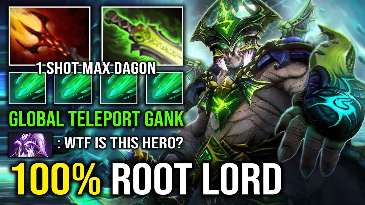 WTF 100% ROOT GOD Solo Mid Underlord Max Level 5 Dagon Scepter Global Teleport Gank Dota 2