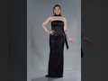 Siyah Saten Straplez Yaka Uzun Boncuklu Abiye Elbise ABU6234