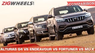 🚙 Mahindra Alturas vs 🚙Ford Endeavour vs 🚙Toyota Fortuner vs Isuzu MU-X: SUV SMACKDOWN! | ZigWheels