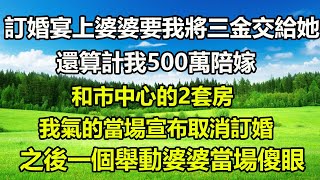 訂婚宴上婆婆要我將三金交給她，還算計我500萬陪嫁，和市中心的2套房，我氣的當場宣布取消訂婚，之後一個舉動婆婆當場傻眼#橙子的小说