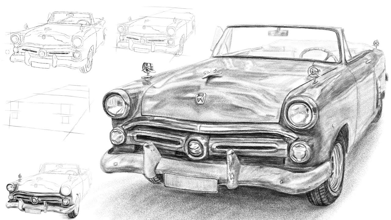 How To Draw An Old Car Cuba With Pencil Photoshop Drawing Youtube