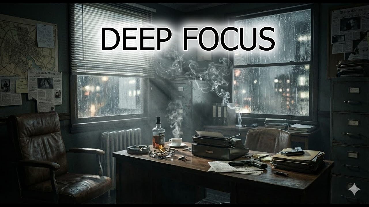 Rainy Detective's Office 🕵️‍♂️ Film Noir Ambience for Deep Focus & Study 1 5 Hours