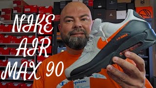 Men's Nike Air Max 90 on feet | vast grey / safety orange | IF067-003
